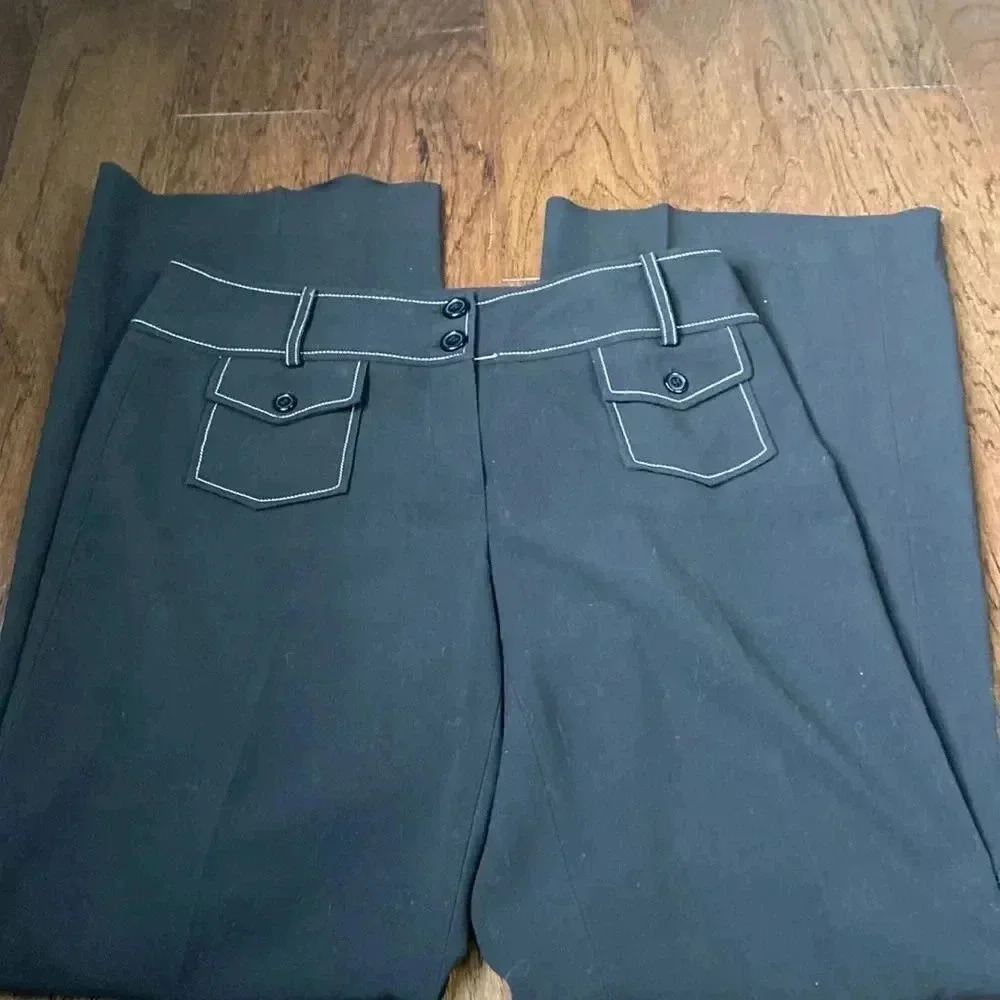 Kenaf Black Wide Leg Trousers White Stitching Size 8 1014